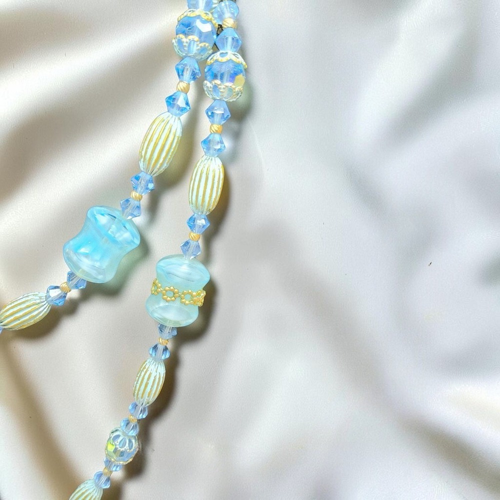 Vintage Mid Century Aqua Glass & Crystal 33" Necklace - Picture 6 of 11